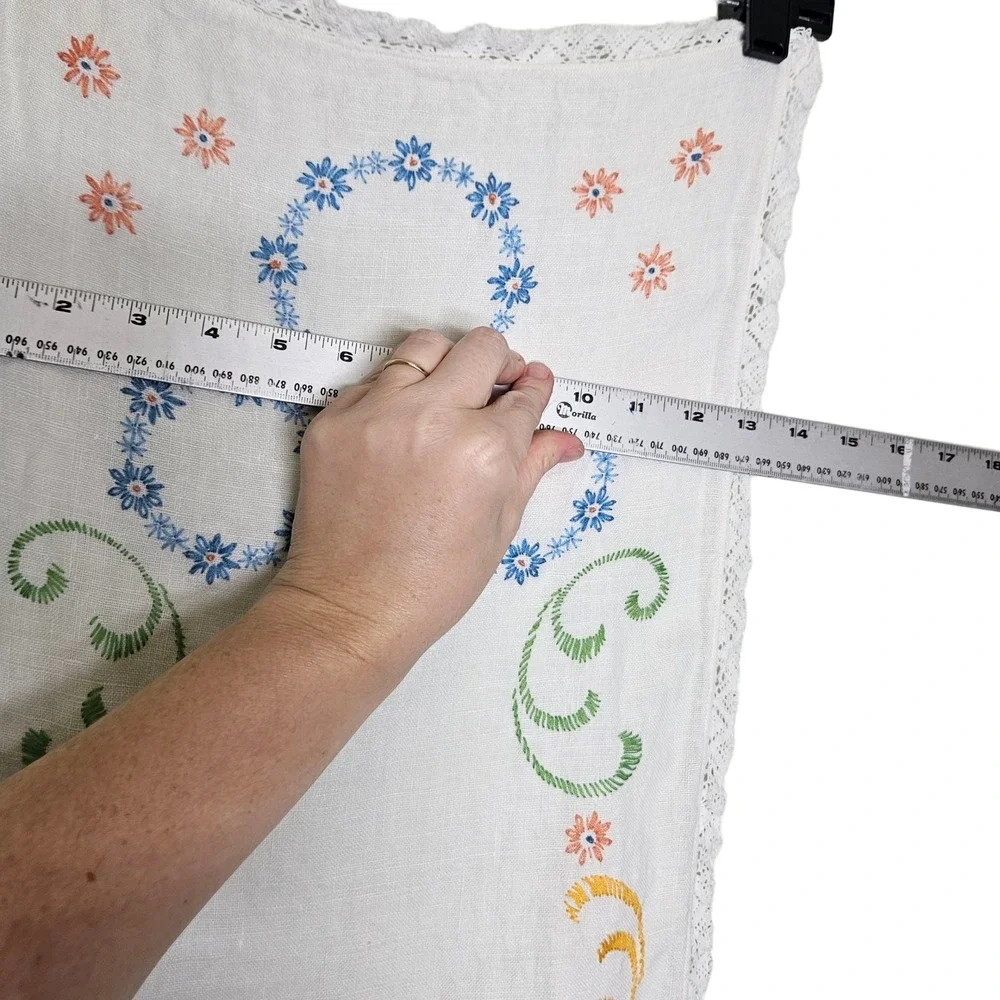 Vintage 80s Embroidered Table Runner Floral Lace Trim Cottagecore Decor Handmade